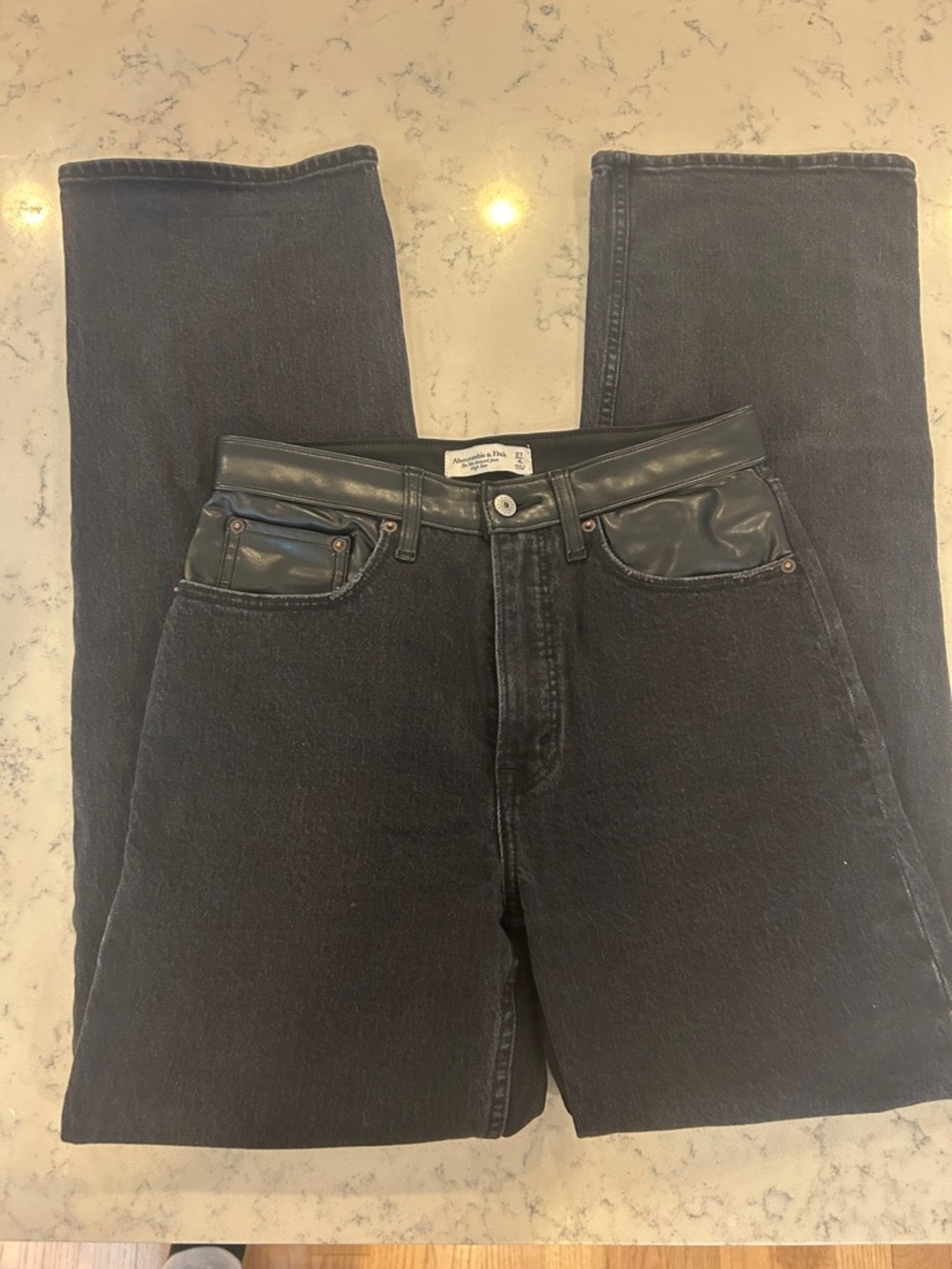 Abercrombie & Fitch Black High-Rise Jeans with Black Leather Trim size 27